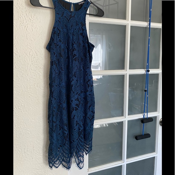express blue lace dress Textured Scoop Neck Lace Up Back Midi Slip Dress